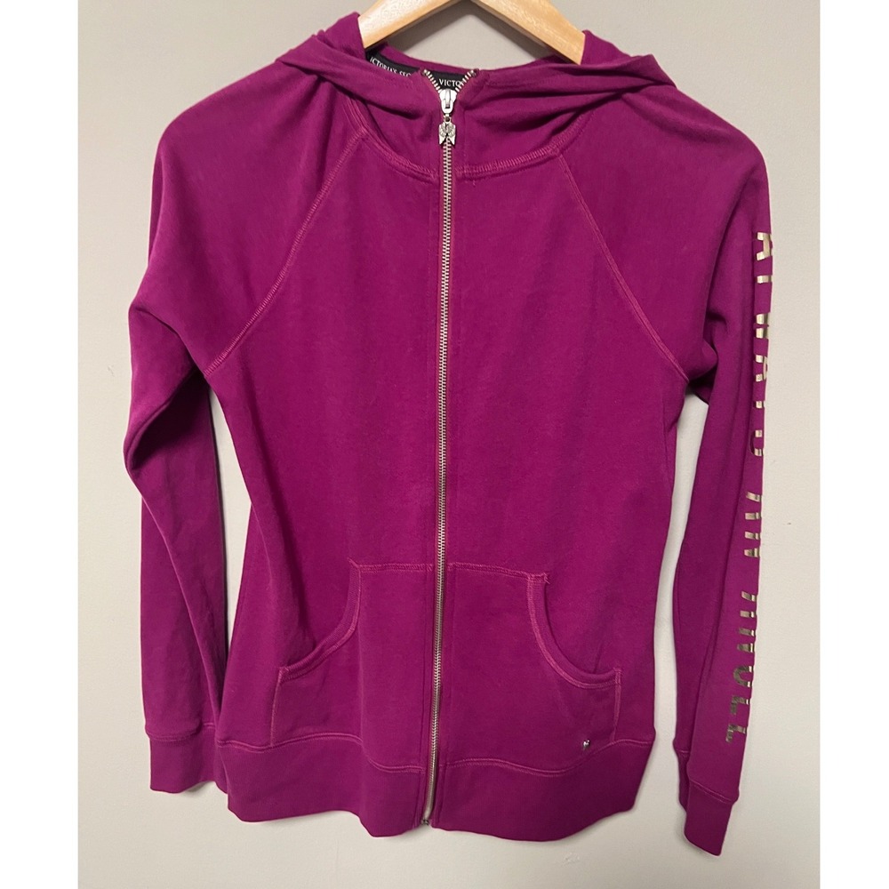 Victoria's Secret Zip Hoodie Womens Small Magenta Sequin Heart Angel Pre-owned